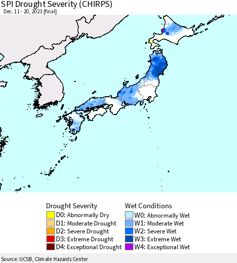Japan SPI Drought Severity (CHIRPS) Thematic Map For 12/11/2023 - 12/20/2023