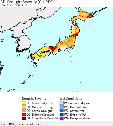 Japan SPI Drought Severity (CHIRPS) Thematic Map For 12/21/2023 - 12/31/2023