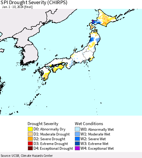 Japan SPI Drought Severity (CHIRPS) Thematic Map For 1/1/2024 - 1/10/2024