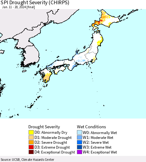 Japan SPI Drought Severity (CHIRPS) Thematic Map For 1/11/2024 - 1/20/2024