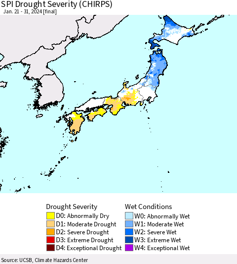 Japan SPI Drought Severity (CHIRPS) Thematic Map For 1/21/2024 - 1/31/2024