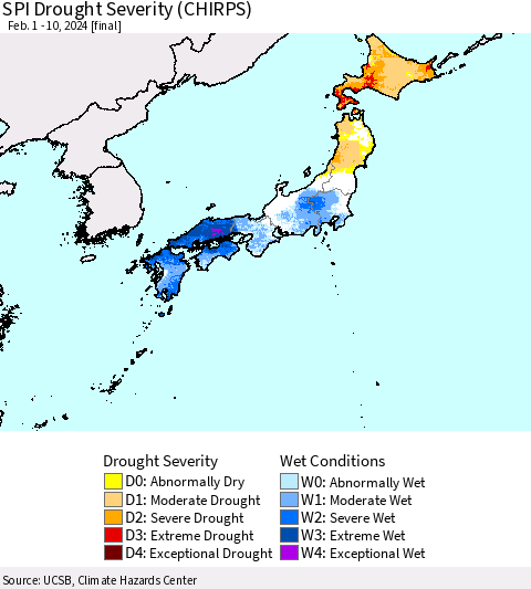 Japan SPI Drought Severity (CHIRPS) Thematic Map For 2/1/2024 - 2/10/2024