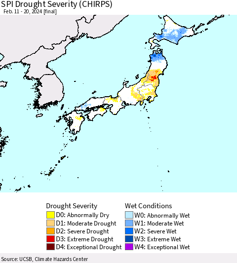 Japan SPI Drought Severity (CHIRPS) Thematic Map For 2/11/2024 - 2/20/2024