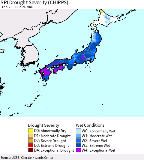 Japan SPI Drought Severity (CHIRPS) Thematic Map For 2/21/2024 - 2/29/2024