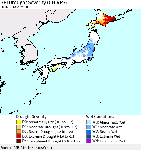 Japan SPI Drought Severity (CHIRPS) Thematic Map For 3/1/2024 - 3/10/2024