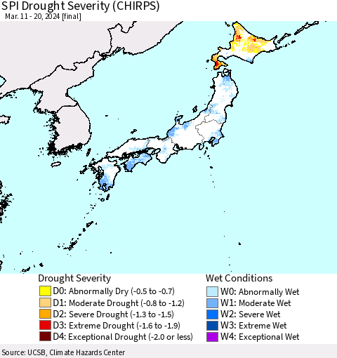 Japan SPI Drought Severity (CHIRPS) Thematic Map For 3/11/2024 - 3/20/2024
