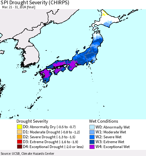 Japan SPI Drought Severity (CHIRPS) Thematic Map For 3/21/2024 - 3/31/2024