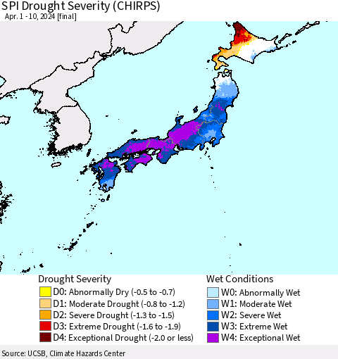 Japan SPI Drought Severity (CHIRPS) Thematic Map For 4/1/2024 - 4/10/2024