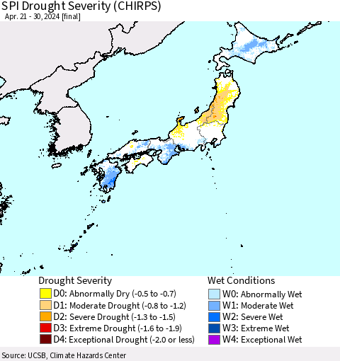 Japan SPI Drought Severity (CHIRPS) Thematic Map For 4/21/2024 - 4/30/2024