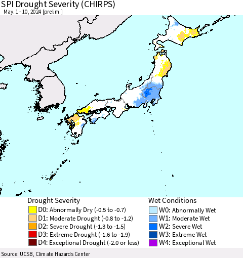 Japan SPI Drought Severity (CHIRPS) Thematic Map For 5/1/2024 - 5/10/2024