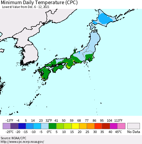 Japan Minimum Daily Temperature (CPC) Thematic Map For 12/6/2021 - 12/12/2021