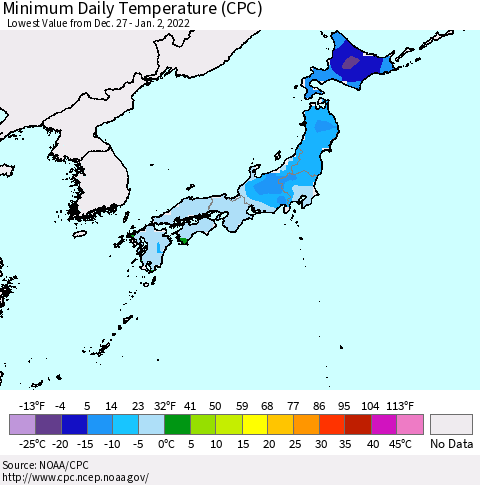 Japan Minimum Daily Temperature (CPC) Thematic Map For 12/27/2021 - 1/2/2022