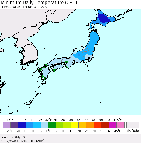 Japan Minimum Daily Temperature (CPC) Thematic Map For 1/3/2022 - 1/9/2022
