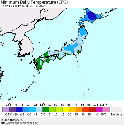 Japan Minimum Daily Temperature (CPC) Thematic Map For 1/24/2022 - 1/30/2022