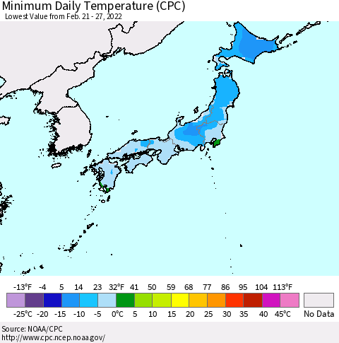Japan Minimum Daily Temperature (CPC) Thematic Map For 2/21/2022 - 2/27/2022
