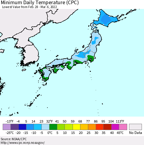 Japan Minimum Daily Temperature (CPC) Thematic Map For 2/28/2022 - 3/6/2022