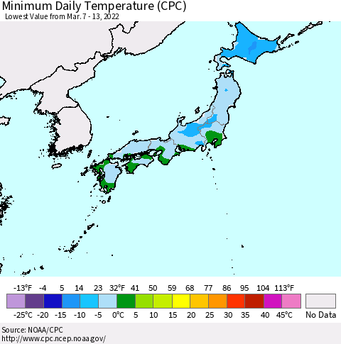 Japan Minimum Daily Temperature (CPC) Thematic Map For 3/7/2022 - 3/13/2022