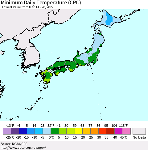 Japan Minimum Daily Temperature (CPC) Thematic Map For 3/14/2022 - 3/20/2022