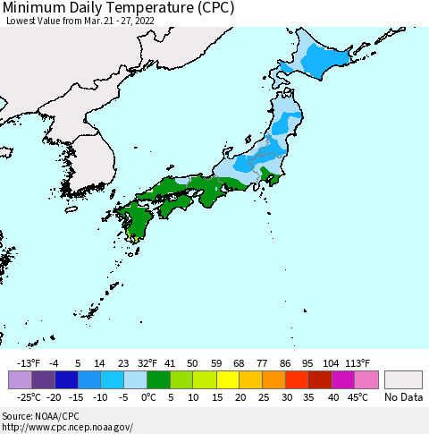 Japan Minimum Daily Temperature (CPC) Thematic Map For 3/21/2022 - 3/27/2022