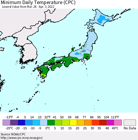Japan Minimum Daily Temperature (CPC) Thematic Map For 3/28/2022 - 4/3/2022