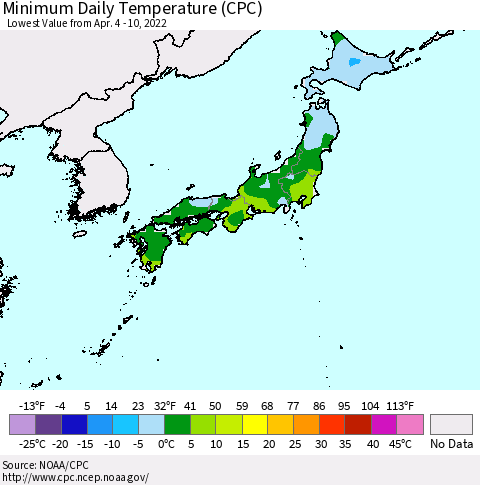 Japan Minimum Daily Temperature (CPC) Thematic Map For 4/4/2022 - 4/10/2022