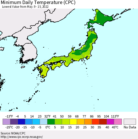 Japan Minimum Daily Temperature (CPC) Thematic Map For 5/9/2022 - 5/15/2022