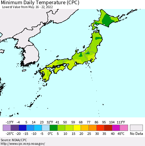 Japan Minimum Daily Temperature (CPC) Thematic Map For 5/16/2022 - 5/22/2022