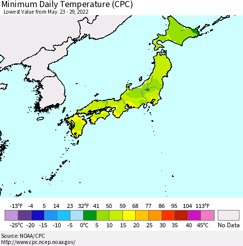 Japan Minimum Daily Temperature (CPC) Thematic Map For 5/23/2022 - 5/29/2022