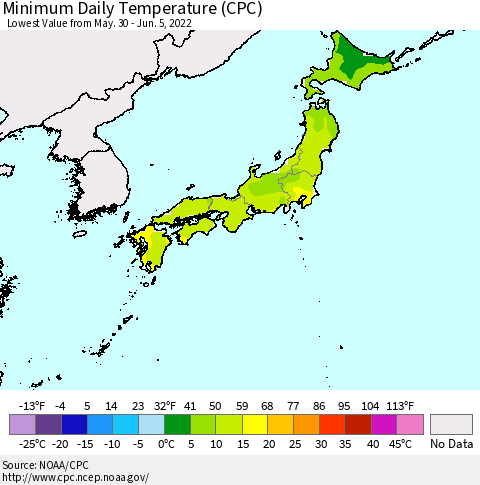 Japan Minimum Daily Temperature (CPC) Thematic Map For 5/30/2022 - 6/5/2022