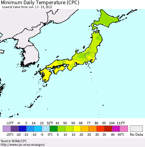 Japan Minimum Daily Temperature (CPC) Thematic Map For 6/13/2022 - 6/19/2022