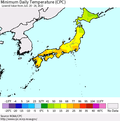 Japan Minimum Daily Temperature (CPC) Thematic Map For 6/20/2022 - 6/26/2022