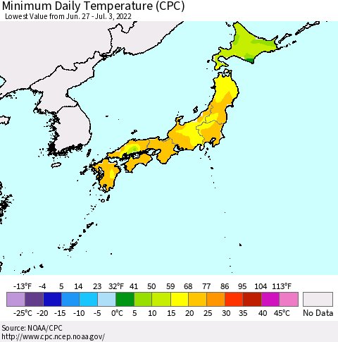 Japan Minimum Daily Temperature (CPC) Thematic Map For 6/27/2022 - 7/3/2022