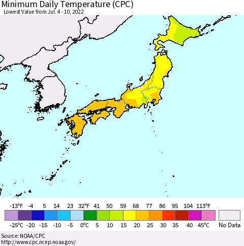 Japan Minimum Daily Temperature (CPC) Thematic Map For 7/4/2022 - 7/10/2022