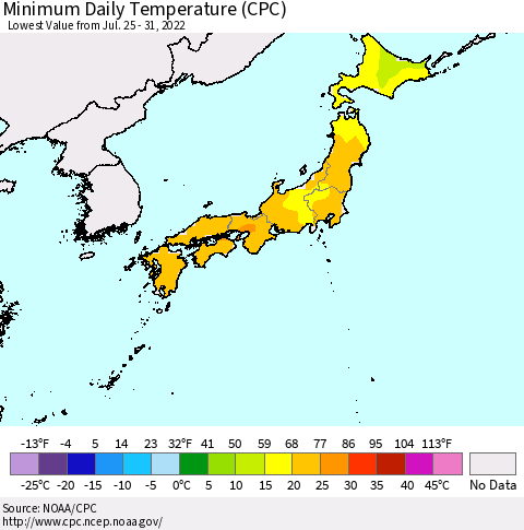 Japan Minimum Daily Temperature (CPC) Thematic Map For 7/25/2022 - 7/31/2022