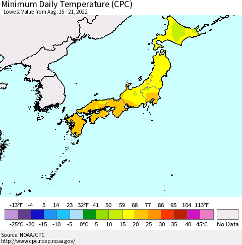 Japan Minimum Daily Temperature (CPC) Thematic Map For 8/15/2022 - 8/21/2022