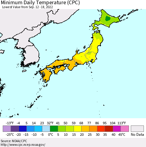 Japan Minimum Daily Temperature (CPC) Thematic Map For 9/12/2022 - 9/18/2022