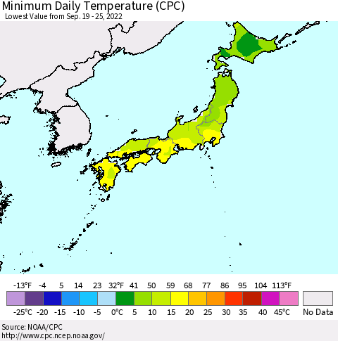 Japan Minimum Daily Temperature (CPC) Thematic Map For 9/19/2022 - 9/25/2022