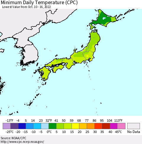 Japan Minimum Daily Temperature (CPC) Thematic Map For 10/10/2022 - 10/16/2022