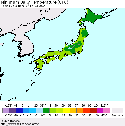 Japan Minimum Daily Temperature (CPC) Thematic Map For 10/17/2022 - 10/23/2022