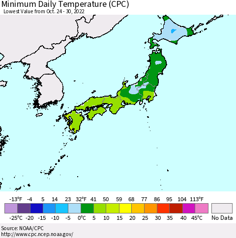 Japan Minimum Daily Temperature (CPC) Thematic Map For 10/24/2022 - 10/30/2022