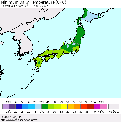 Japan Minimum Daily Temperature (CPC) Thematic Map For 10/31/2022 - 11/6/2022