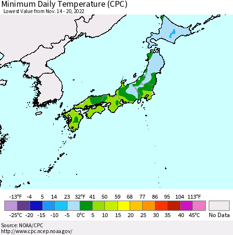 Japan Minimum Daily Temperature (CPC) Thematic Map For 11/14/2022 - 11/20/2022