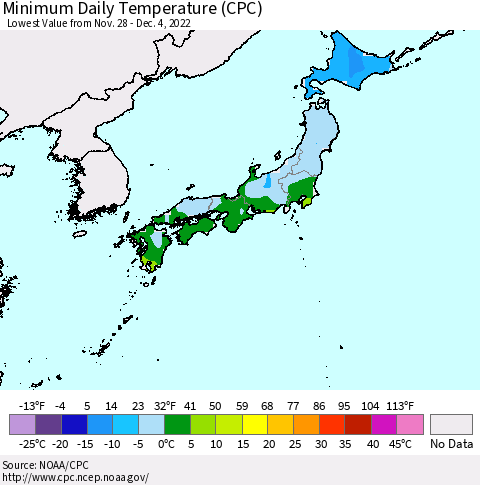 Japan Minimum Daily Temperature (CPC) Thematic Map For 11/28/2022 - 12/4/2022