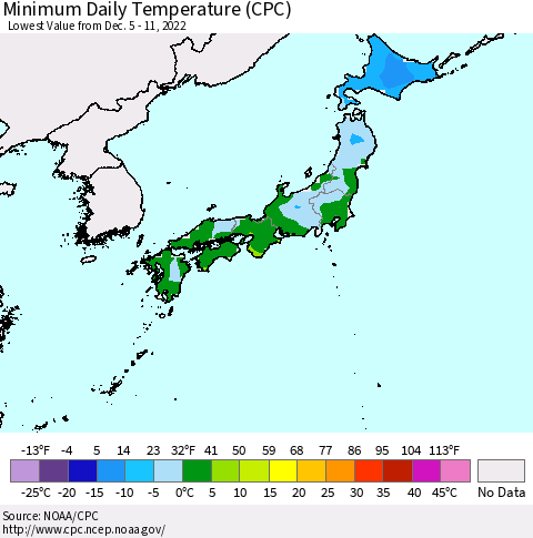 Japan Minimum Daily Temperature (CPC) Thematic Map For 12/5/2022 - 12/11/2022