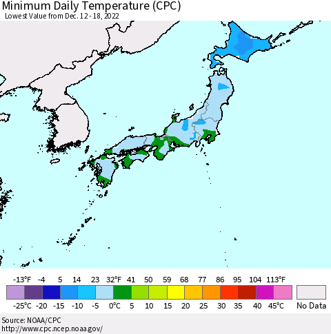 Japan Minimum Daily Temperature (CPC) Thematic Map For 12/12/2022 - 12/18/2022