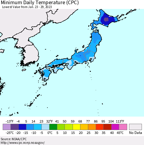 Japan Minimum Daily Temperature (CPC) Thematic Map For 1/23/2023 - 1/29/2023