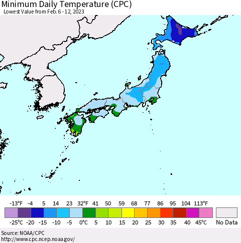 Japan Minimum Daily Temperature (CPC) Thematic Map For 2/6/2023 - 2/12/2023