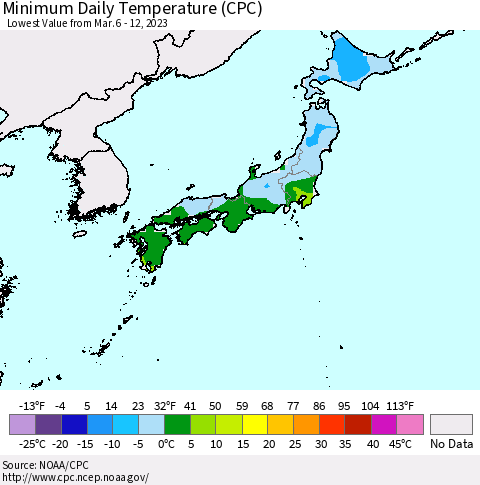Japan Minimum Daily Temperature (CPC) Thematic Map For 3/6/2023 - 3/12/2023