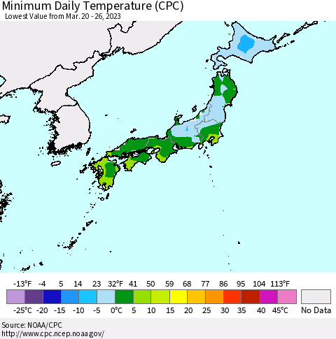 Japan Minimum Daily Temperature (CPC) Thematic Map For 3/20/2023 - 3/26/2023