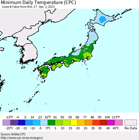 Japan Minimum Daily Temperature (CPC) Thematic Map For 3/27/2023 - 4/2/2023